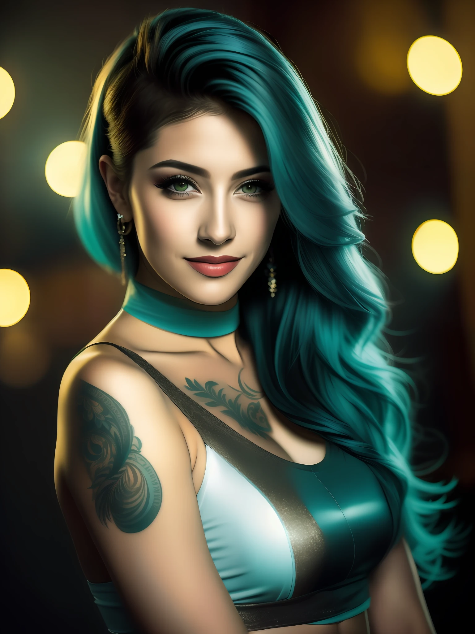 Mujer con cabello turquesa y un tatuaje, ,Uso de Black Blaser , falda, al estilo de las fantasías fotorrealistas, Turquesa oscuro y esmeralda clara, Pinturas marinas realistas, Imagen UHD, Espirales, aurorapunk (obra-prima, iluminación lateral, hermosos ojos finamente detallados: 1.2 ), HDR,escena nocturna, Foto en primer plano de un sexy, posando, mirando a una cámara y sonriendo, Pelo rosa de cola de caballo, (ojos verdes: 0.8), Linda cara joven, el 18, luces volumétricas suaves, (retroiluminado: 1.3), (cinematográfico: 1.3), detalles intrincados, (Estación de arte: 1.2)