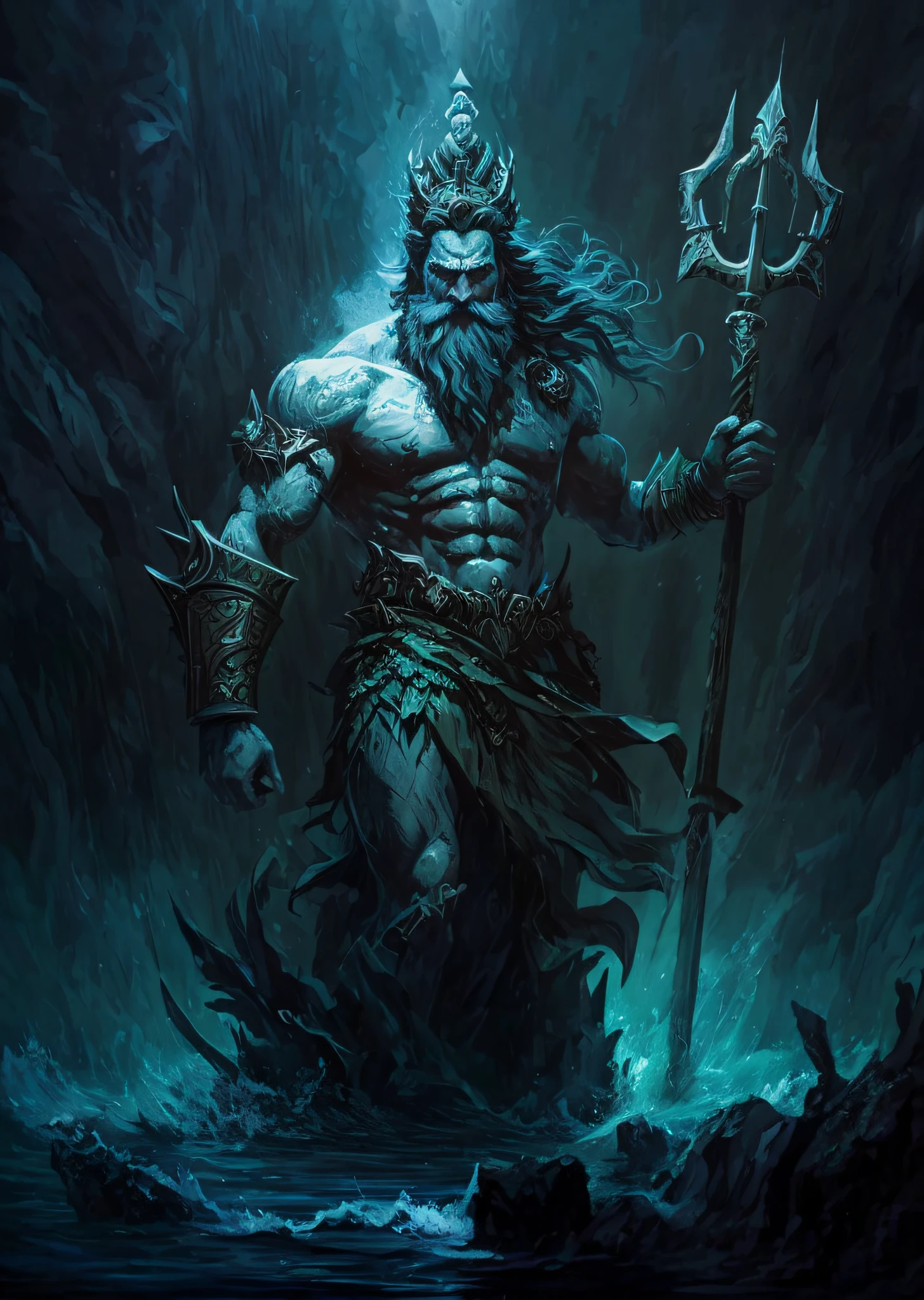 Una pintura de un hombre con una lanza y una gran masa de agua, O Deus Poseidón, El Dios del Mar, O Deus infierno, Poseidón, Caronte, o barqueiro de infierno, Dios del océano, Dios del inframundo, infierno, Deus Shiva o Destruidor, Dios enojado Zeus, Como um atlante
