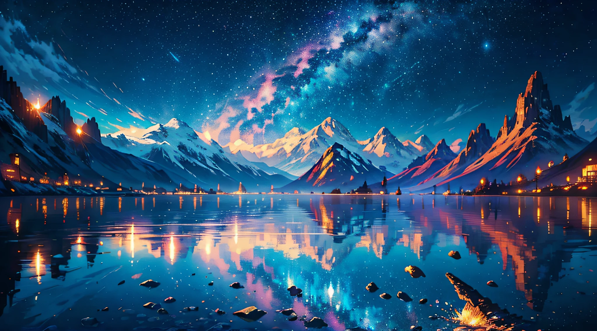 starry night sky with stars and mountains reflected in a lake, 4k highly detailed digital art, 8k stunning artwork, 4k detailed digital art, 8k high quality detailed art, dan mumford and albert bierstadt, epic fantasy sci fi illustration, anton fadeev and dan mumford, sci-fi fantasy wallpaper, impressive fantasy landscape, 8k hd wallpaper digital art --auto --s2