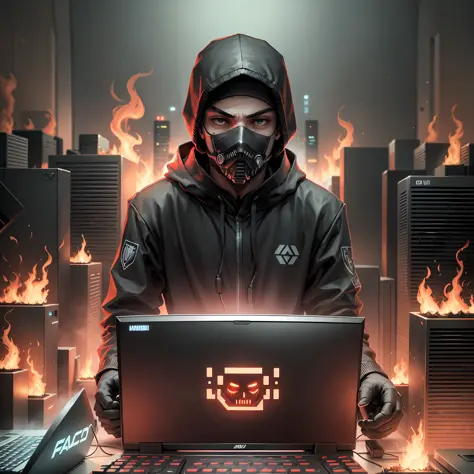 hacker face with a mask on his face dressed in black in the frenzy of the compudador and behind him a lighting of fire --auto --...