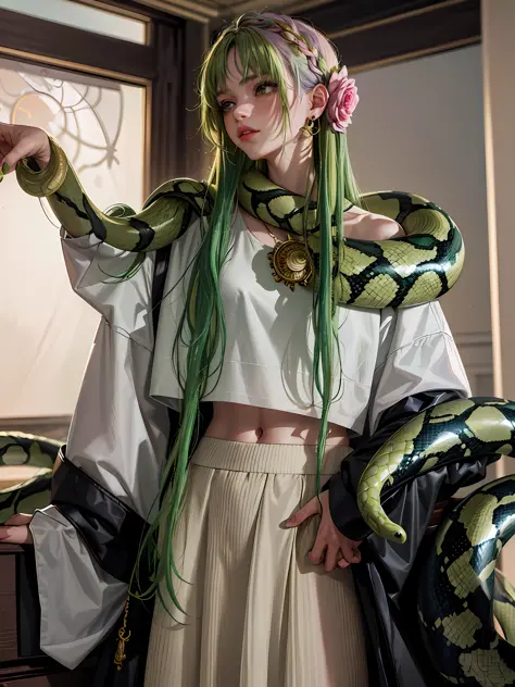 ((masterpiece)),((best quality)),1girl, with multicolor green hair, surrounded by snakes, snake around her body, snake eyes, ind...
