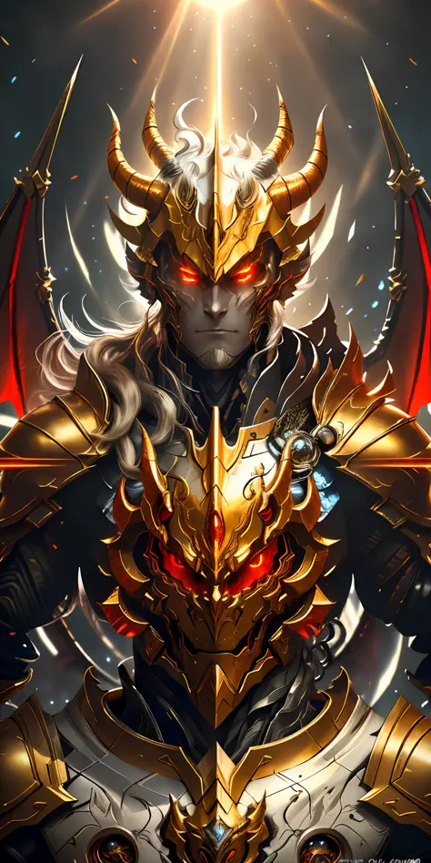 Dragon Knight, glowing eyes, red, gold, reflective, sunlight, blue sky, dramatic lighting, (masterpiece: 1.2), best quality, hig...
