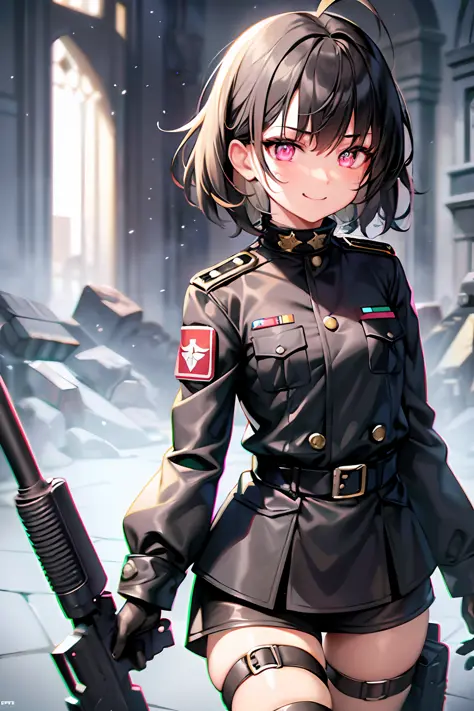 The girl wore a black German military uniform, Girls' Front, animated, extremely beautiful detailed anime face, realistic, whole body,  focus on eyes, holding_weapon, beautiful detailed fullbody, petite, girl, baby,5 years old, short hair, messy hair, wept...