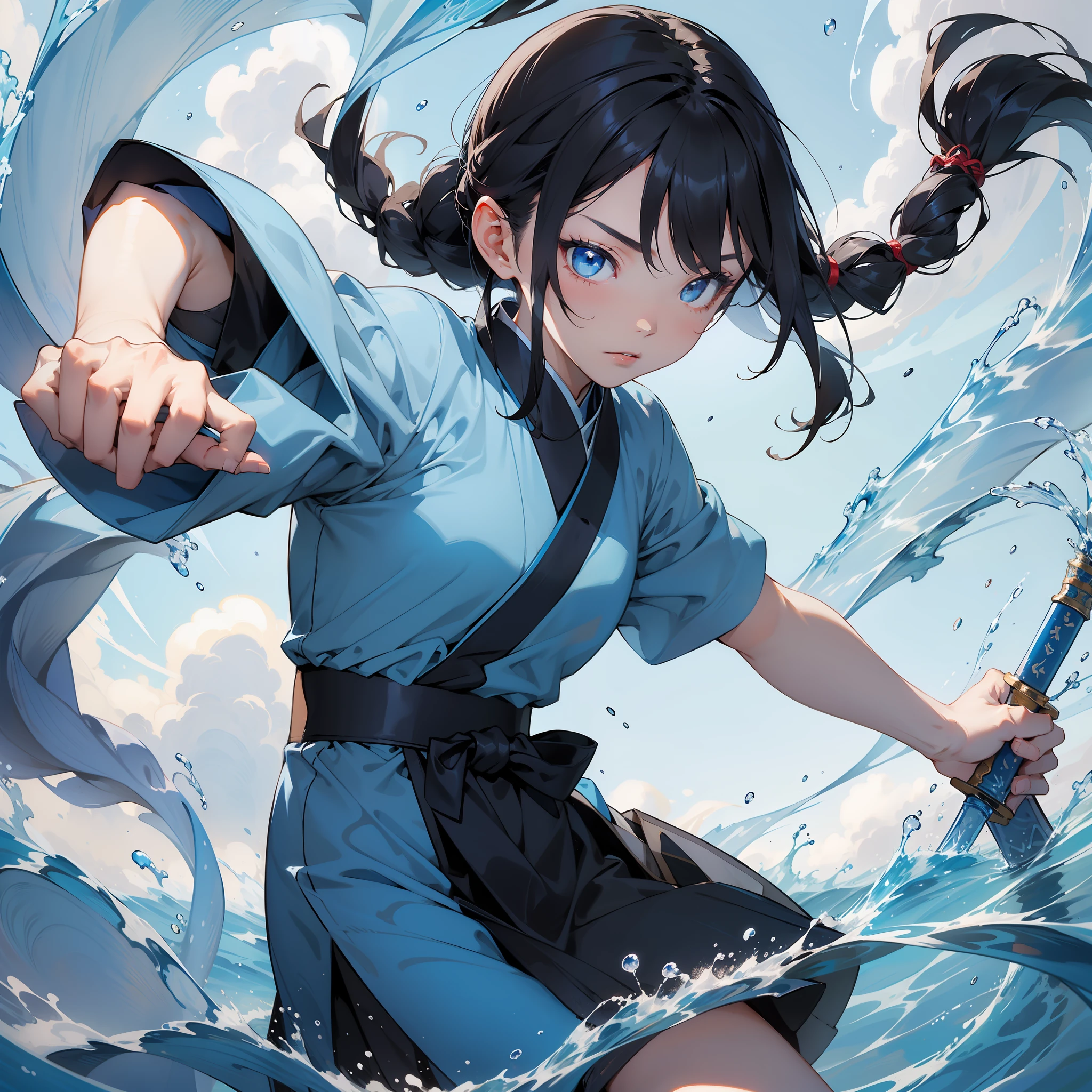 Masterpiece, 1girl, close up, wear blue hanfu, Chinese Traditional cloth, ((holding a water sword,)) long black hair, hair braid, blue wave  background, water effect, ink painting style, dynamic pose, battle pose