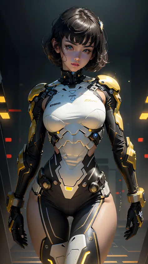 Beautiful cybernetic girl looking at camera underwear detailed muscles realistic masterpiece,Active Pose、action pose、LED Light、Gold Parts、bangs、Short Hair、White and black