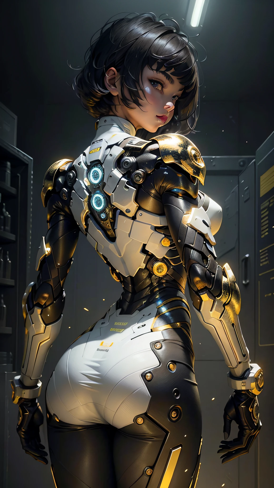 Hermosa chica cibernética mirando la cámara ropa interior músculos detallados obra maestra realista,pose activa、pose de acción、luz LED、Piezas de oro、golpes、cabello corto、vista trasera、espaldas、en blanco y negro