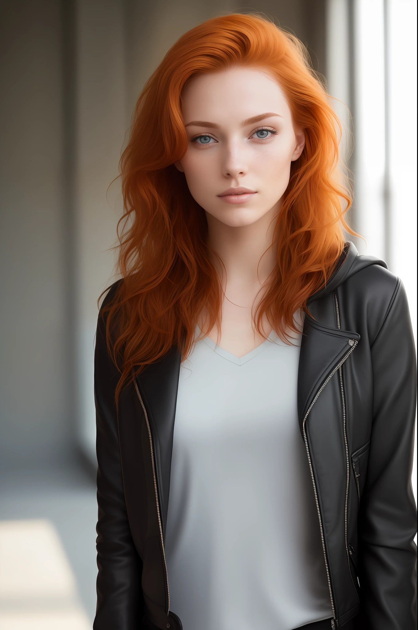 a photo of a seductive woman with loose styled (redhead hair:1.1), bored, she is wearing a hoodie and black leather jacket, mascara, (textured skin, skin pores:1.1), (moles:0.8), imperfect skin, goosebumps, flawless face, (light freckles:0.9), (sun-kissed:1.1), ((photorealistic):1.1), (raw, 8k:1.3),