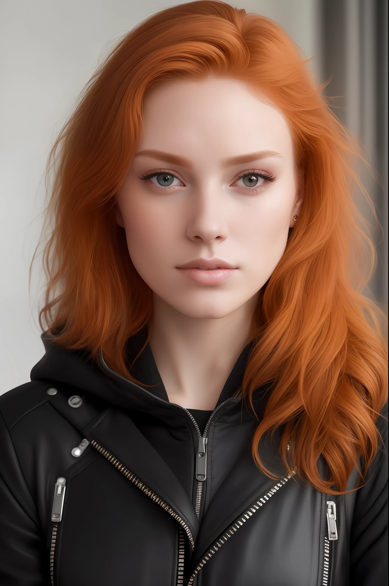 a photo of a seductive woman with loose styled (redhead hair:1.1), bored, she is wearing a hoodie and black leather jacket, mascara, (textured skin, skin pores:1.1), (moles:0.8), imperfect skin, goosebumps, flawless face, (light freckles:0.9), (sun-kissed:1.1), ((photorealistic):1.1), (raw, 8k:1.3),