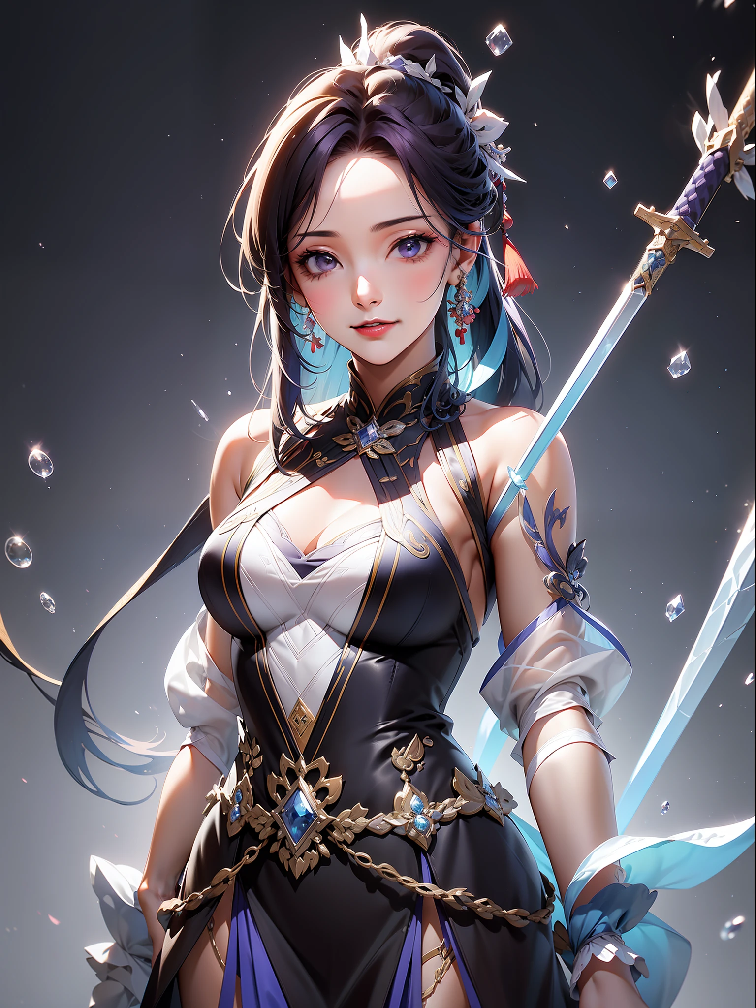 solo, beautiful female, wuxiaworld, catch a Chinese sword, bubble, on the fog road, crystal besides, multicolored hair, blue hair, purple hair, ponytail, long hair, grin, ray tracing, reflection light, depth of field, multiple views, close-up, cowboy shot, masterpiece, best quality, high details, high quality, ccurate, textured skin, UHD