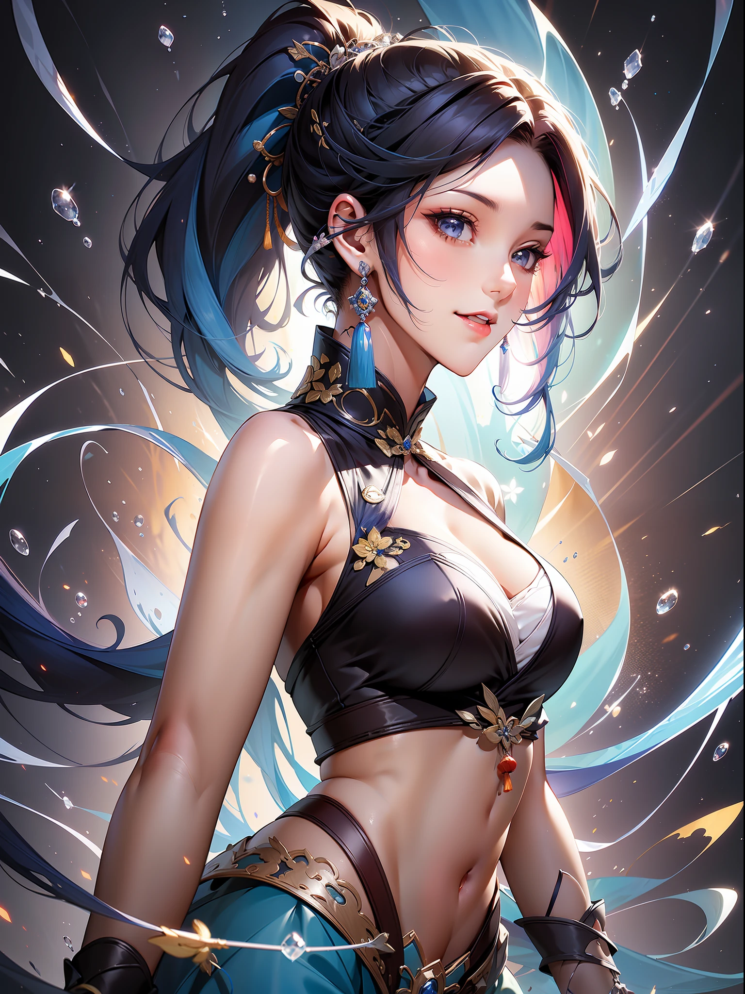 solo, beautiful female, wuxiaworld, catch a Chinese sword, bubble, on the fog road, crystal besides, multicolored hair, blue hair, purple hair, ponytail, long hair, grin, ray tracing, reflection light, depth of field, multiple views, close-up, cowboy shot, masterpiece, best quality, high details, high quality, ccurate, textured skin, UHD