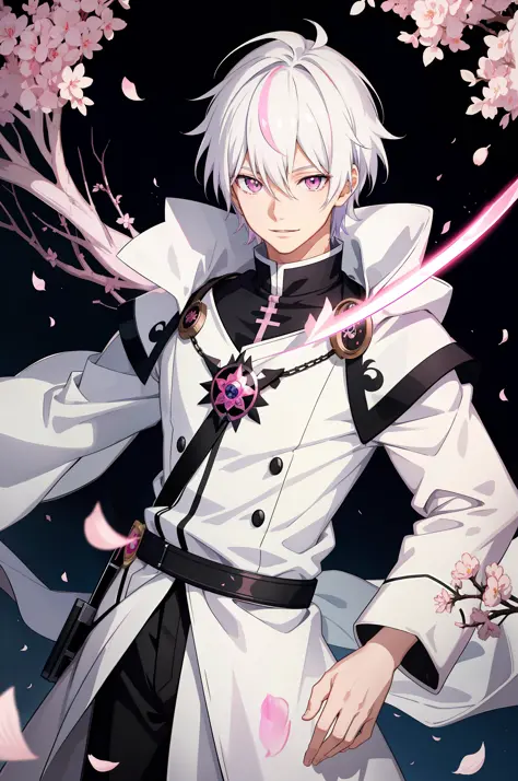 anime boy, white colored hair, pink eyes, prince uniform, sword, fantasy, kind smile, field background, intricate details, depth...