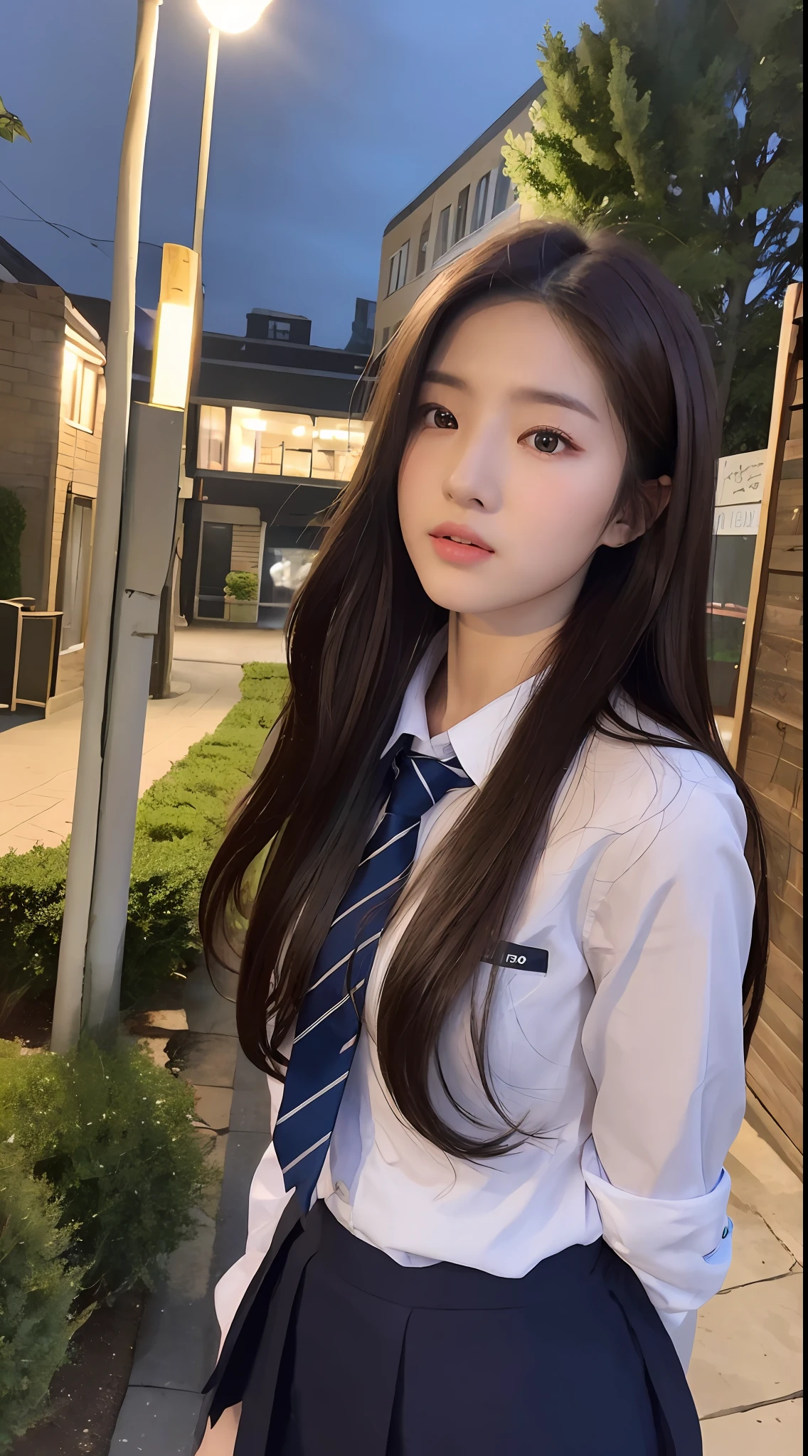 ((Realistic lighting, Bestquality, 8k, MASTERPIECE:1.3)), Sharp Focus:1.2, 1girl, A beauty with a perfect figure:1.4, Slim abs:1.1, ((Dark Brown Hair)), (school uniforms:1.4）,（out door，at nighttime：1.1），City street，Ultra-fine face，Fine eyes，Double eyelidd，