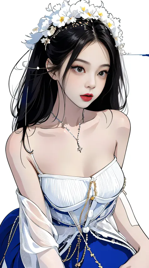 MASTERPIECE,Best,((pure white background)),Light effect,superclear, the high，-definition picture, (front face) solo,_Kim Ji-ni Jennie face，black hair，in blue dress，cleavage，Short model，sex appeal，cuteness，white legwear