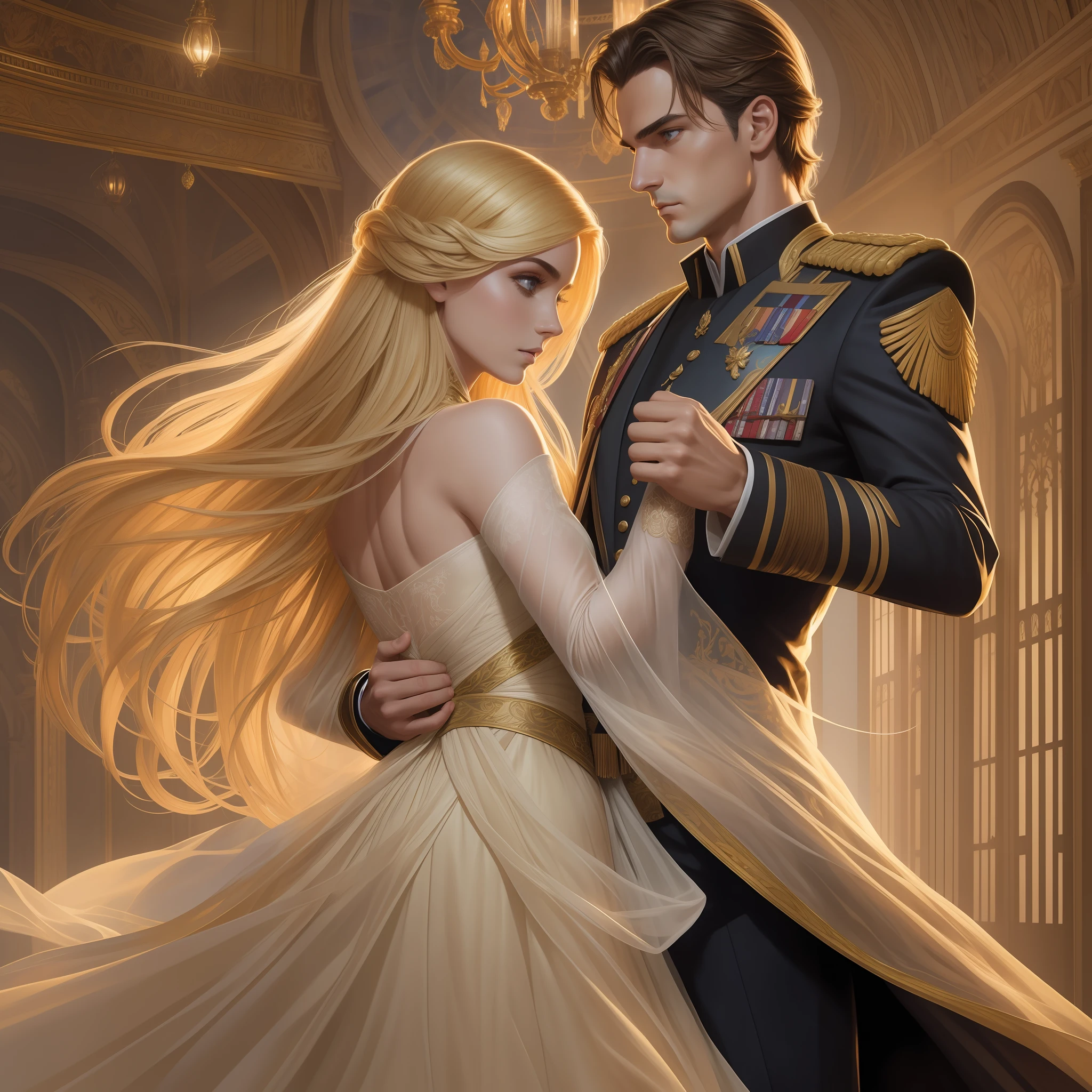 Couple dancing in the ballroom, the Neels Visser is a blonde-haired prince, veste uma roupa militar medieval.  Lily Collins tem cabelo negro ondulado e usa um vestido vermelho, Illustration of a novel book cover with a detailed background, liso, brilhante as, Anel luminoso, dynamic lighting, ethereal lighting, ultra detalhe, arte conceitual, elegante, surreal, arte por Lisa Aisato, Greg Hildebrandt, Citemer Liu, Stjepan Sejic, Samyang, Aykut Aydogdu, Justino Geraldo, Alphonse Mucha, Artgerm, WLOP e Greg Rutkowski