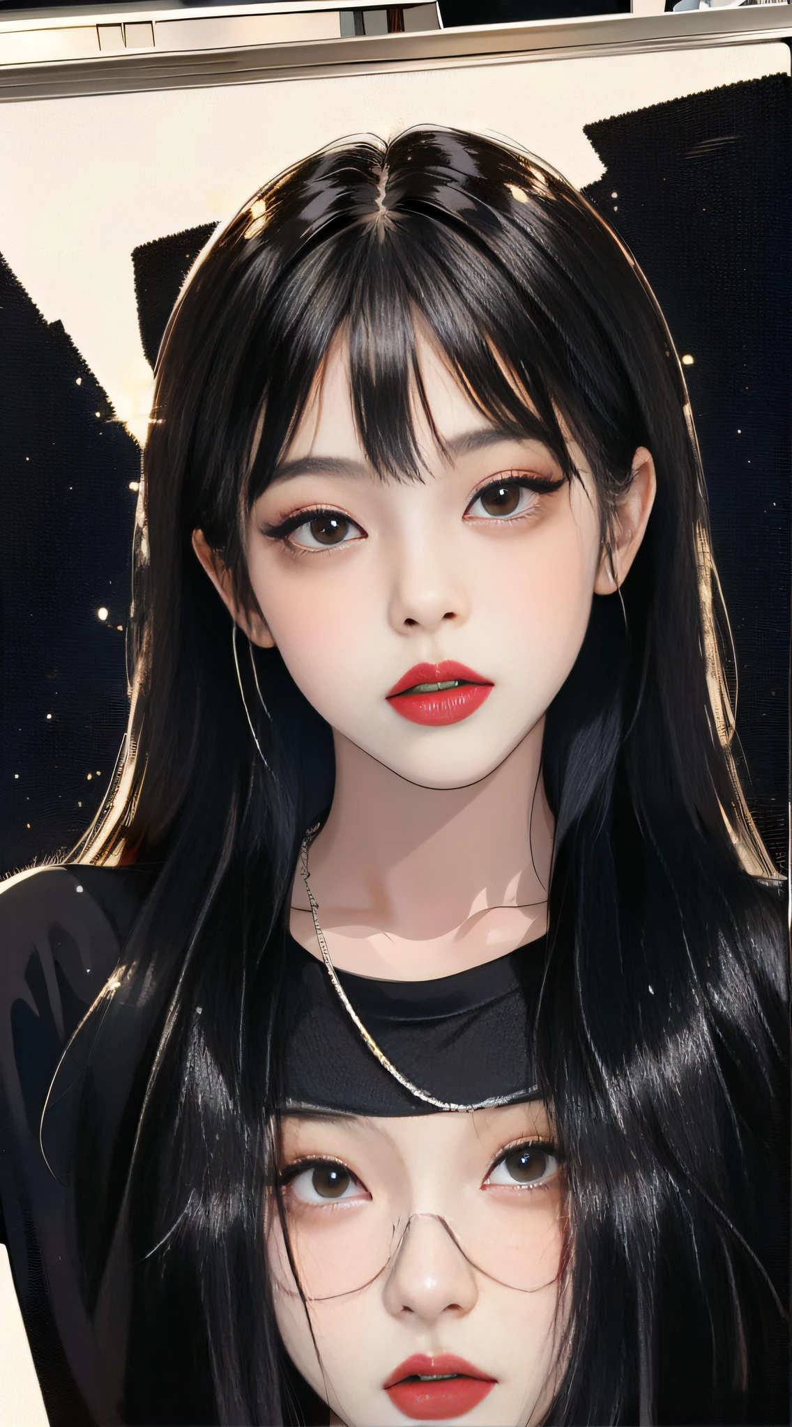 MASTERPIECE,Best),Light effect,superclear, the high，-definition picture, (front face) solo,_Kim Ji-ni Jennie face，black hair，Wear a black T-shirt，front face，ID photo，upper Body，Black background