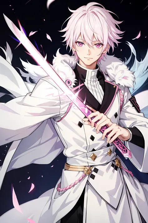 anime boy, white colored hair, pink eyes, prince uniform, sword, fantasy, kind smile, field background, intricate details, 8K, U...