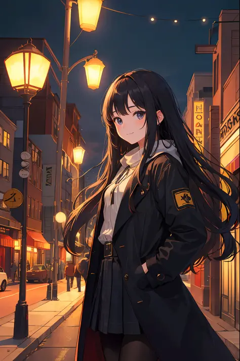 (masterpiece, ultra high res, best quality:1.1), (flat color), 1girl, solo, teen, cowboy shot, (depth of field:1.2), (night), (long coat), downtown, (street light:1.1), (Fantastic lighting), looking at viewer, black hair, long hair, [smile], (Closed mouth)