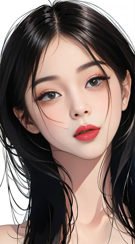 MASTERPIECE,Best,((pure white background)),Light effect,superclear, the high，-definition picture, (front face) solo,_Kim Ji-ni Jennie face，black hair，Wear a black T-shirt，cleavage，
