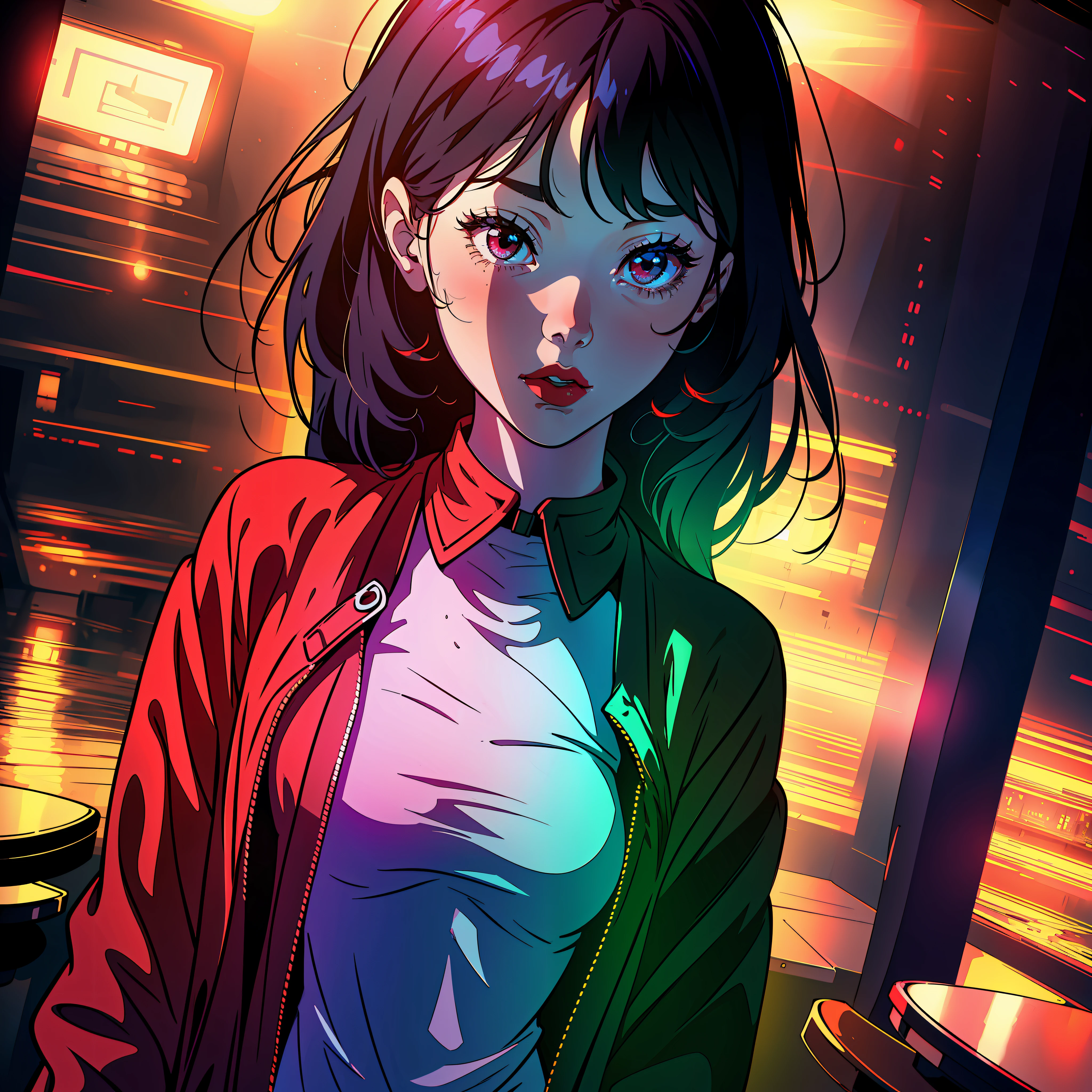 A lively image of a girl mesmerized by a minimalist, ambient soundtrack. Her vibrant red lipstick and delicate, textured outfit add a mesmerizing touch to her body, drawing the viewer's eye along with her. The lighting in the background is soft, creating a dreamy atmosphere. A soft, gradient light highlights the girl's delicate skin and adds depth and dimension to her outfit. wide-angle lens, small aperture, f/4.5 aperture