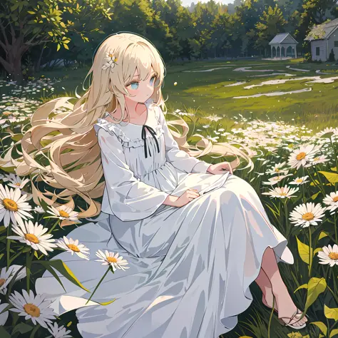 masterpiece，the best quality，one has long light-colored hair，girl in soft clothes，looking at the girl in the dandelion flower fi...