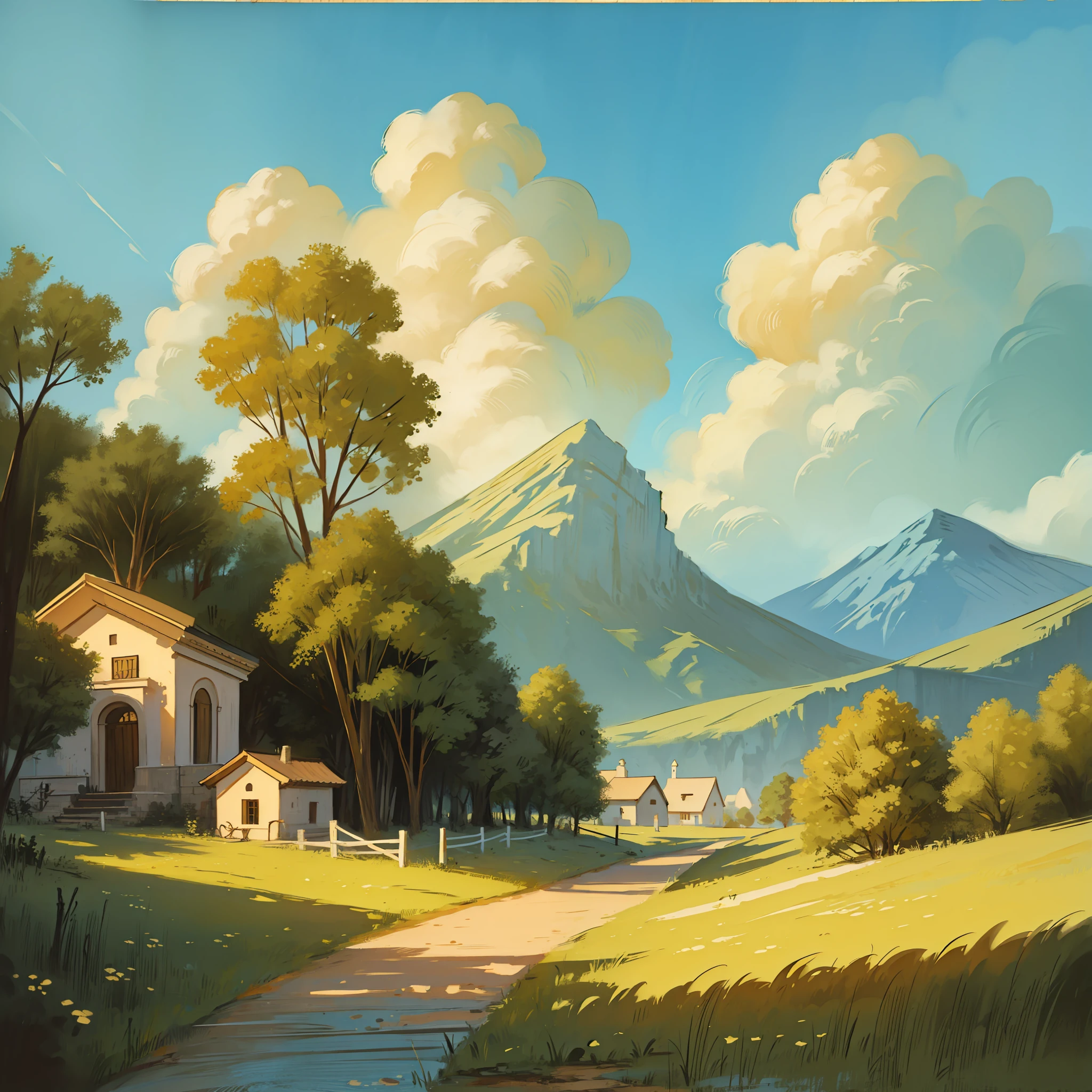 Casa en el campo en medio de las montañas, arte clasico, pintura al óleo --auto --s2