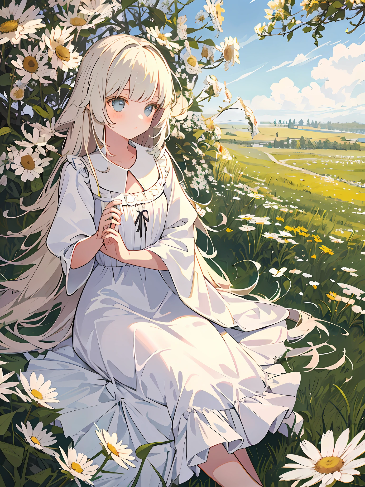 MASTERPIECE，The best quality，One with light-colored hair，Girl in soft clothes，Looking at the girl in the dandelion flower field with no future