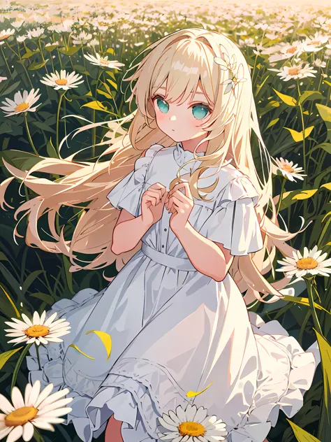MASTERPIECE，The best quality，One with light-colored hair，Girl in soft clothes，Looking at the girl in the dandelion flower field ...