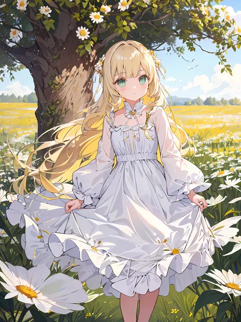 MASTERPIECE，The best quality，One with light-colored hair，Girl in soft clothes，Looking at the girl in the dandelion flower field ...