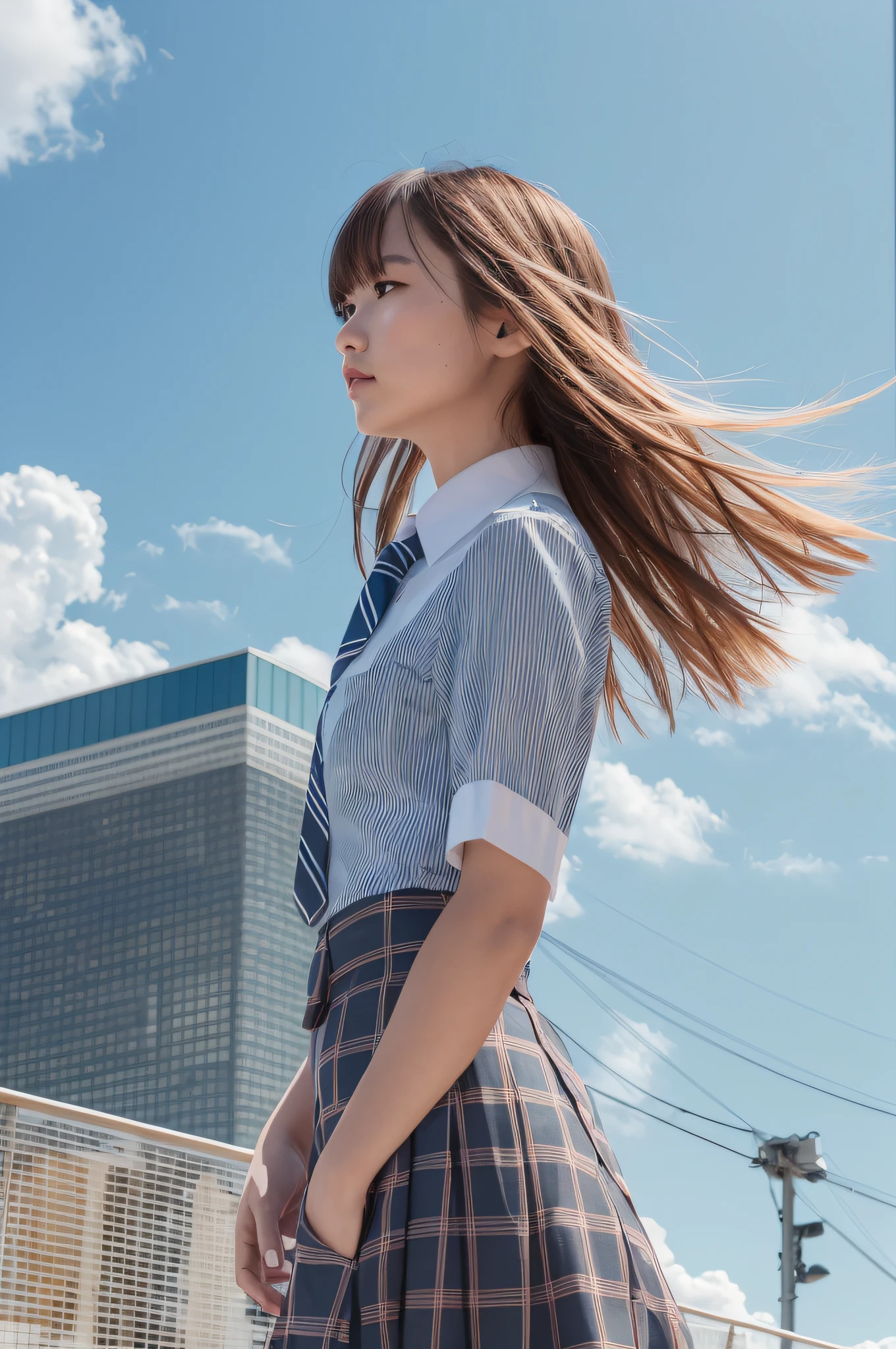 Haut du corps,Du côté,1 personne,seulement,paysage de rue,paysage de tokyo,toit,jour,ciel bleu,(Vent:1.2),Visage délicat,regardant au loin,cheveux longs blonds,yeux marrons,Uniforme à manches courtes,cravate à rayures bleu argenté,jupe tartan bleue,mains sur la taille,regardant au loin,