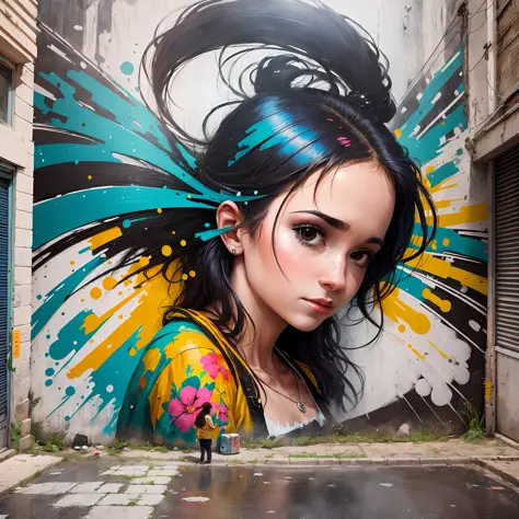 arte do graffiti de uma mulher com um cabelo colorido e uma flor, arte de rua 8k, bela arte digital, obras de arte impressionant...