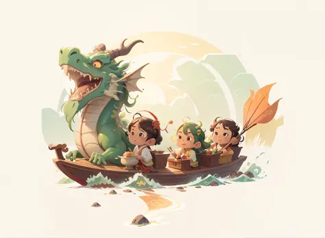 Chinese dragon racing boats,The Chinese dragon turned into a small boat,Reheat many people in the vast lake,paddling, passion, （（Multiple people rowing））,vibrant,Mugwort leaves wrapped in rice dumplings, fresh green, delicate,Kites are colorful, light, vib...