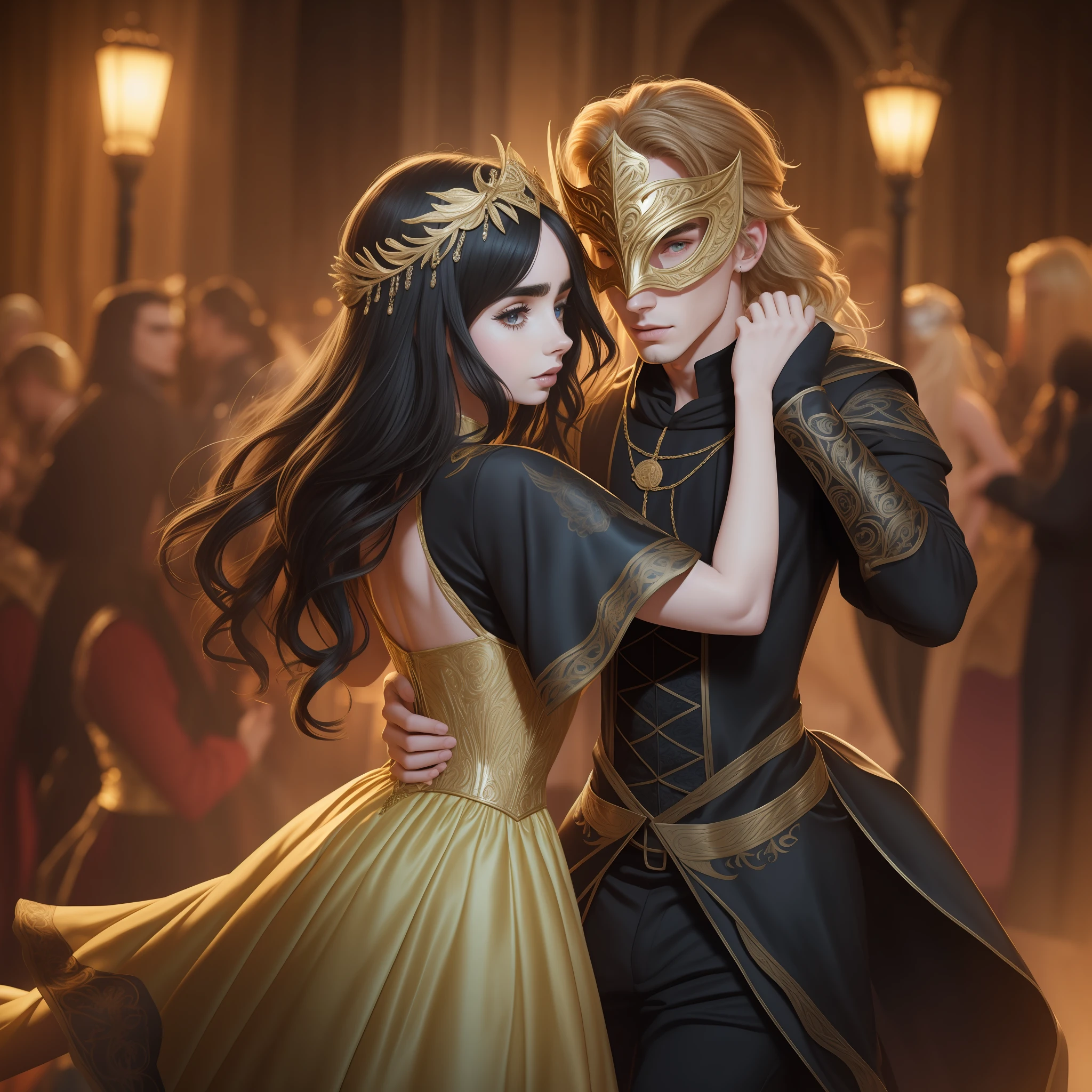 Lily Collins, wavy black hair, dancing with Neels Visser, with blonde hair, both in medieval clothes, at a masquerade ball;