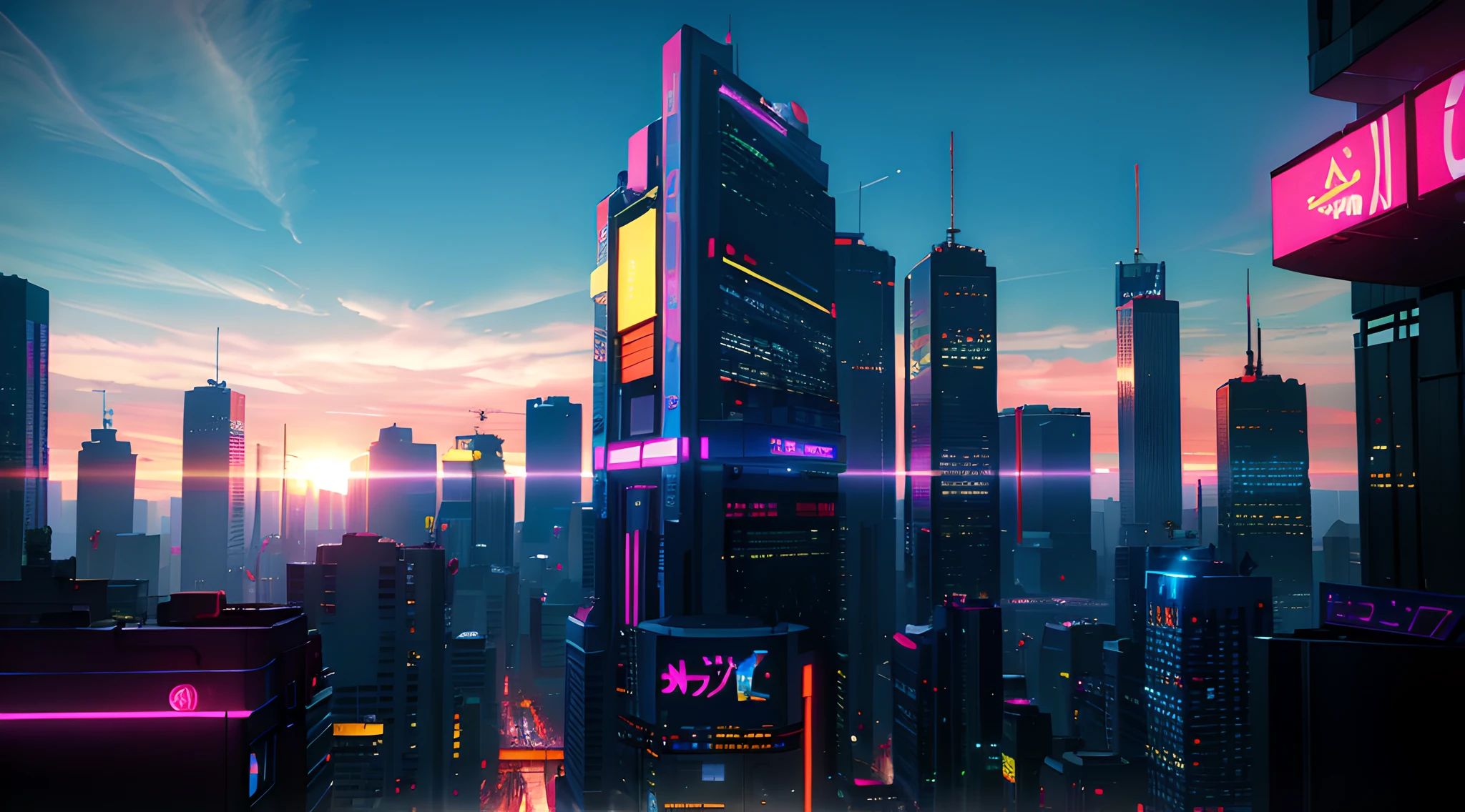 (masterpiece, best quality:1.4), cinematic light, colorful, high contrast, cyberpunk, neon, city, cityscape,  (day:1.2), sky, sunlight,