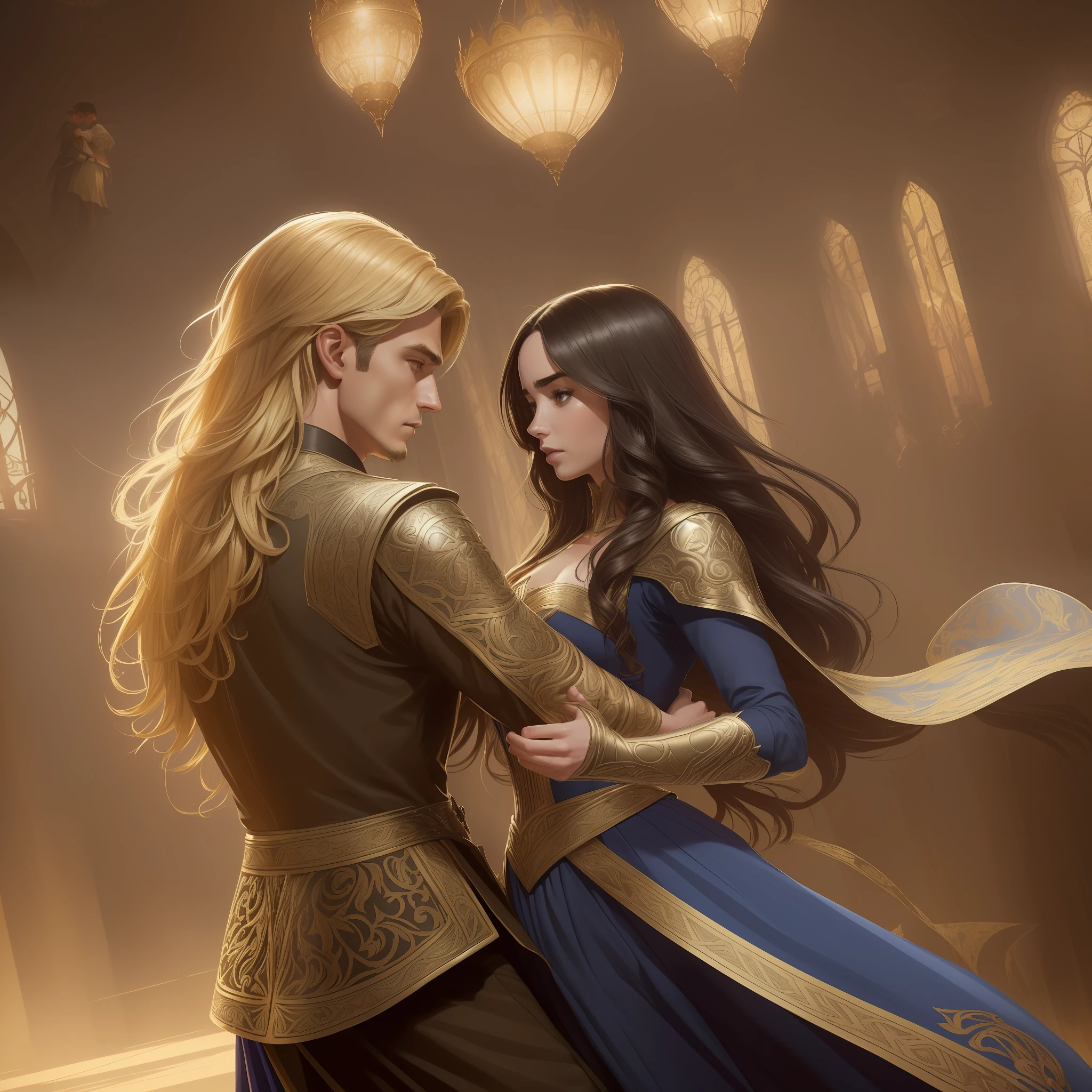 A (Lily Collins morena tem preto cabelo negro ondulado e usa um vestido medieval de princesa; o (Neels Visser is blond-Hairy Prince), veste uma roupa militar medieval. Couple dancing in ballroom.  The illustration of a novel book cover with a detailed background, liso, brilhante as, Anel luminoso, dynamic lighting, ethereal lighting, ultra detalhe, arte conceitual, elegante, surreal, arte por Lisa Aisato, Greg Hildebrandt, Citemer Liu, Stjepan Sejic, Samyang, Aykut Aydogdu, Justino Geraldo, Alphonse Mucha, Artgerm, WLOP e Greg Rutkowski