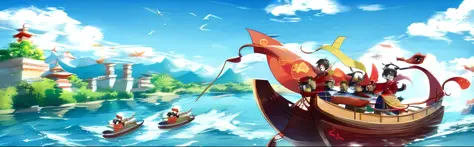 the Dragon Boat Festival，Chinese wind，A group of people rowing a dragon boat，anime,，There is the word Dragon Boat Ankang，Play with the group logo