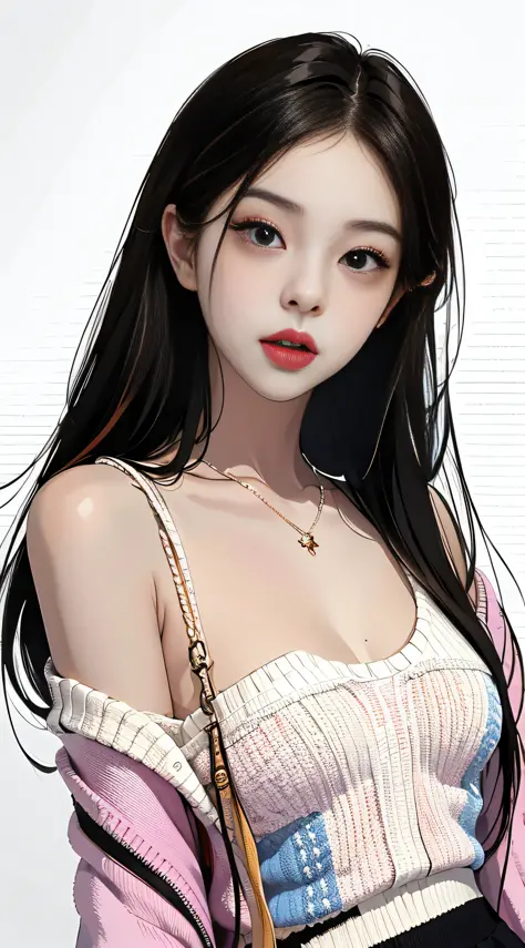 MASTERPIECE,Best),Light effect,superclear, the high，-definition picture, (front Face) solo,_Kim Ji-ni Jennie face，Black ball head，Wear a torn colored sweater，Knitted shorts，front Face，ID photo，upper Body，whitebackground