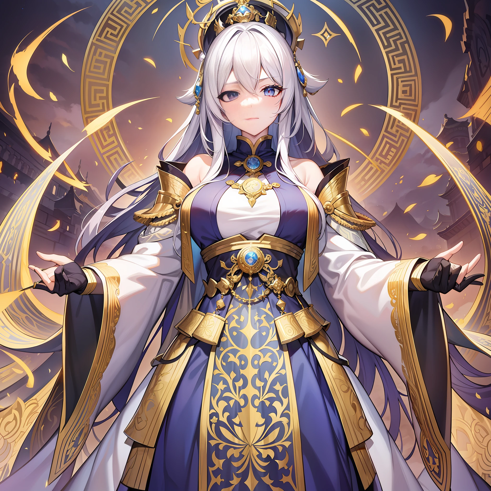In this imperial city full of majesty and power，A white-haired female emperor of the White Fox Clan who is releasing coercion appears in the center of the picture。

She wore a gorgeous white robe，Crown on head，Holding a magic wand。Her gaze was fierce，In the air behind her，Condensed a burst of breath that could be released。

The color tone of the whole picture is mainly white and gold，Highlight the majesty and nobility of the female emperor。The background is a magnificent and ornate palace，It looks solemn and solemn。

The female emperor saw through her expression and unsettling breath，It shows her dominance and powerful domineering。Her gaze swept around the palace，As if to warn those who want to resist。Her clothes and crown show her status and power，It also highlights her confidence and pride。

The whole picture is full of a kind of majesty and domineering，Convey the power and dominance of the female emperor。Her gesture and breath，Show an inviolable force，Feel awe and reverence。At the same time，This picture also shows a magnificent and solemn atmosphere，It conveys the dignity and power that a ruler deserves。