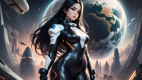 annual-eagle863: In a futuristic sci-fi movie set on a distant planet, a  female character adorned in a shimmering silver armor suit steps out of her  spacecraft onto a barren, orange landscape. The