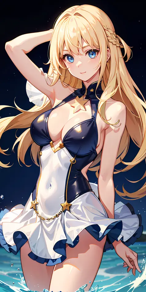 a 1girl、Bright、blond hair、Star motif、multicoloured hair、Blue eyes、Mask on the head、Sidelight、Particles of light、wallpapers、Big Boobs、Idol、bswimsuit、Loose fluffy、quiet