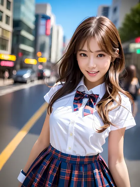masterpiece, upper body shot, a Japanese young pretty woman, glamorous figure, wearing a short sleeves white collared shirt with shiny red satin plain bow tie, a blue tartan plaid skirt, short length white socks, leather black shoes, carrying a big tort ba...