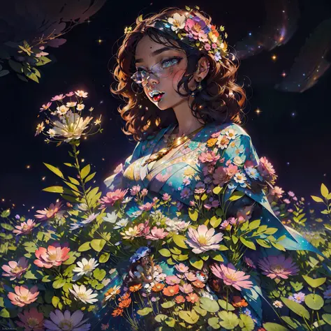 Under the starry sky, A brunette woman with curly hair walks in a magical clearing, where resplendent flowers rise from the grou...