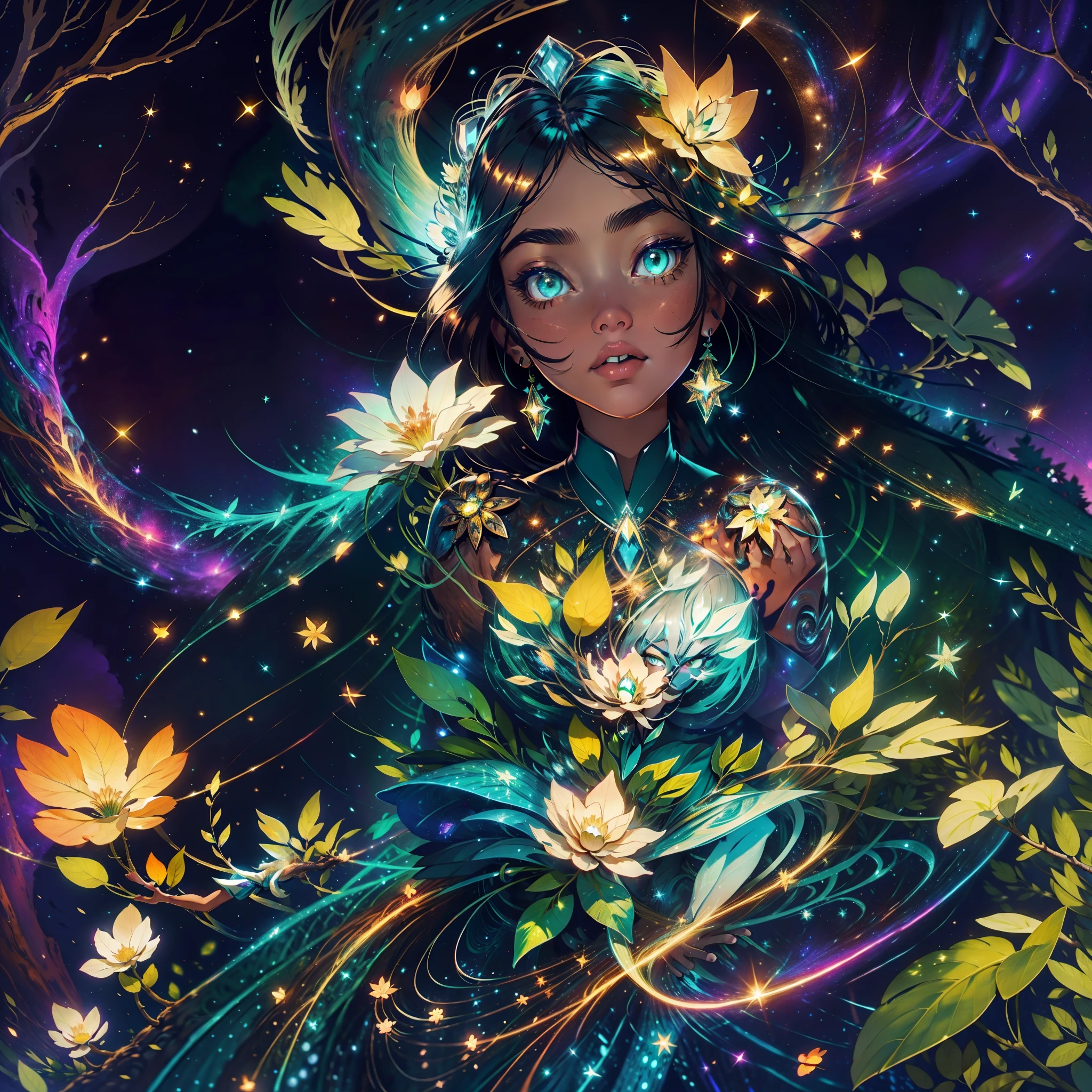 Uma mulher morena de cabelos cacheados, Wrapped in a halo of twinkling lights, dance gracefully in the middle of a nocturnal forest. The tall trees around him are dressed with luminous leaves, emitting a fascinating bioluminescence in shades of electric blue and emerald green. Her every move causes small stars to appear and disappear, deixando um rastro brilhante em seu caminho, como se estivesse tecendo magia com seus passos.