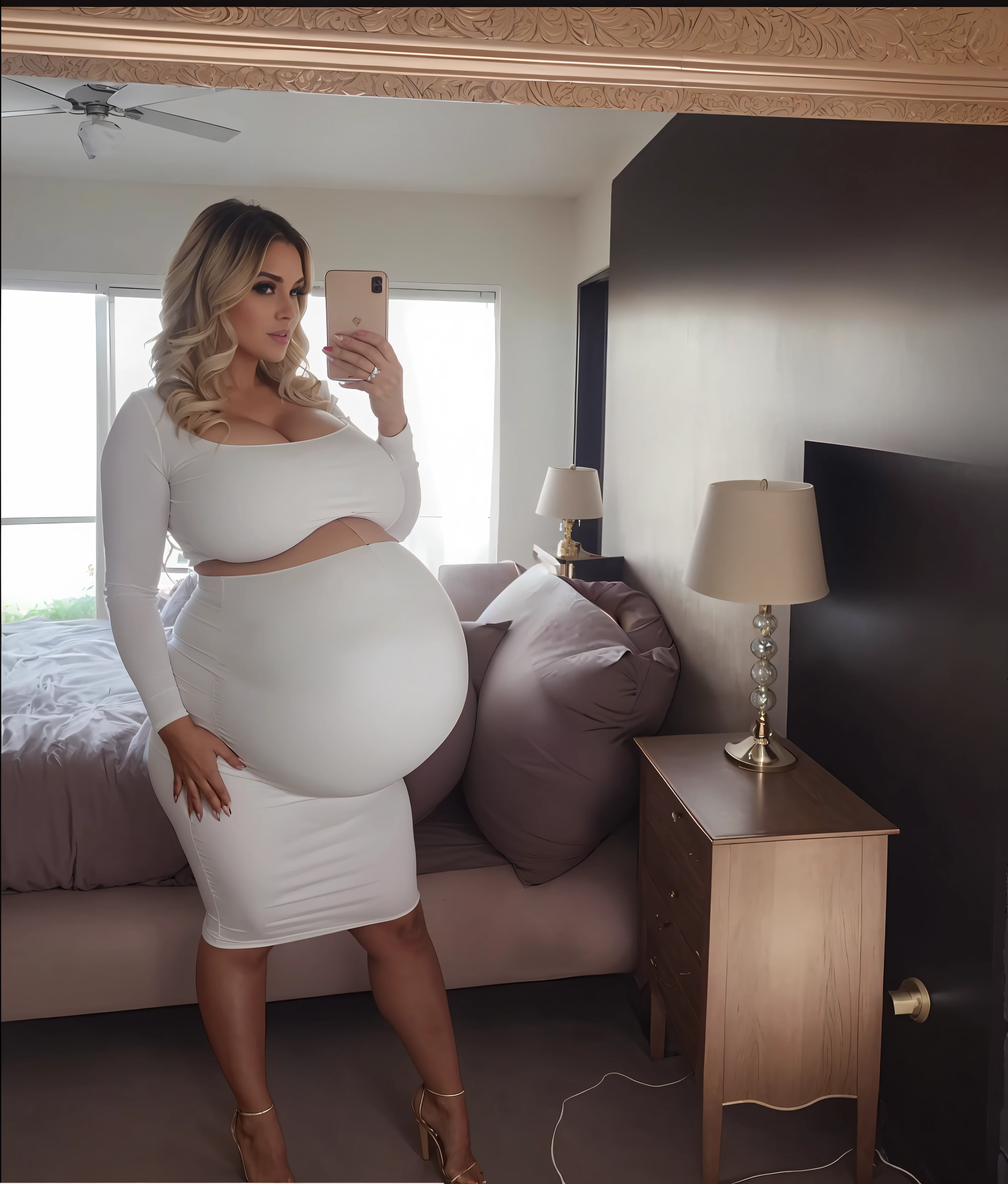 Pregnant woman taking a selfie in a bedroom with a bed - SeaArt AI