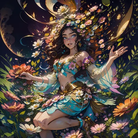 A brunette woman with wild curls is immersed in a field of radiant flowers. Each flower has petals that seem made of pure energy...