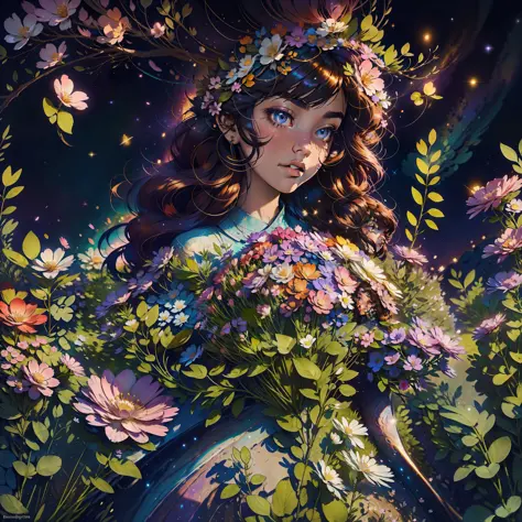 Under the starry sky, A brunette woman with curly hair walks in a magical clearing, where resplendent flowers rise from the grou...