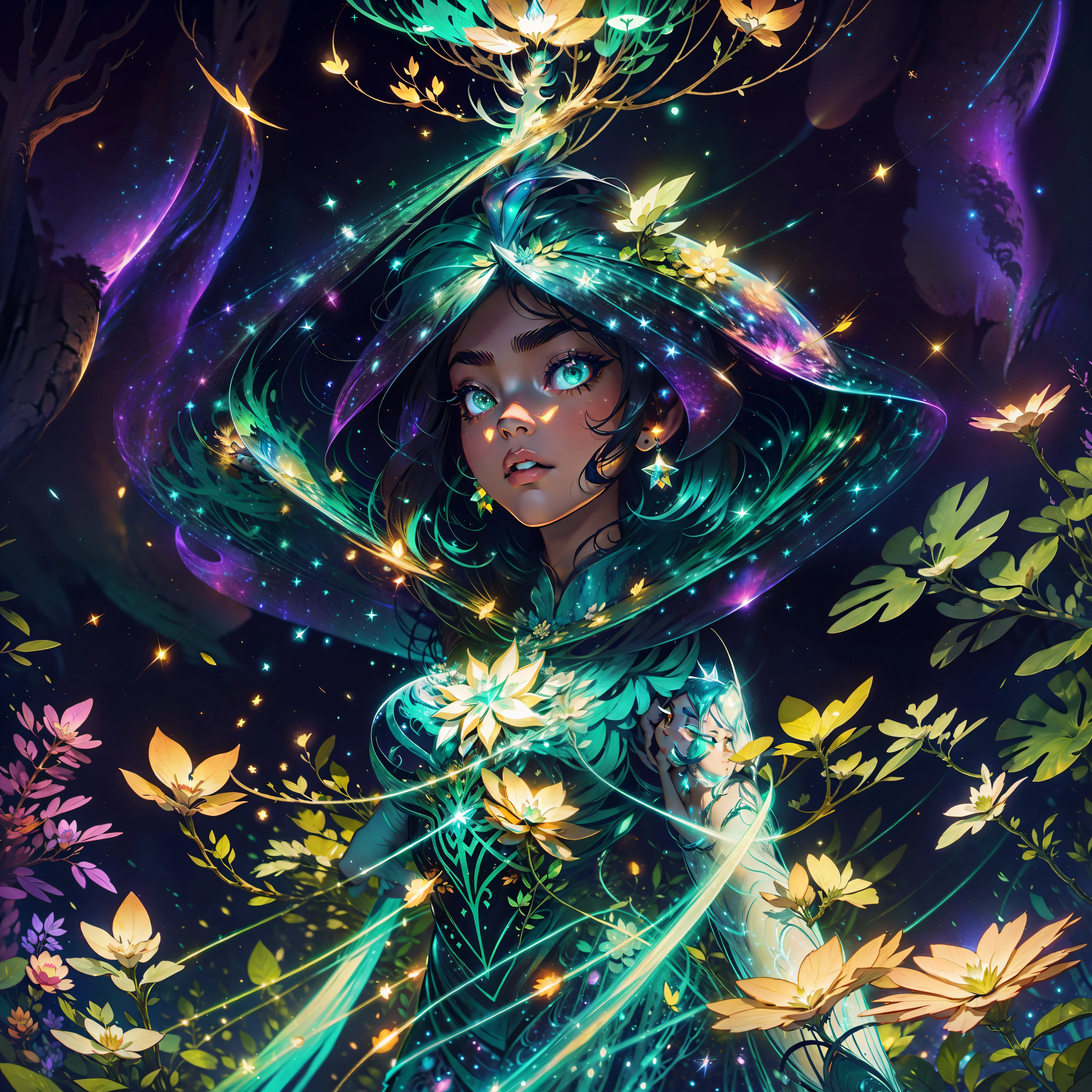 Uma mulher morena de cabelos cacheados, Wrapped in a halo of twinkling lights, dance gracefully in the middle of a nocturnal forest. The tall trees around him are dressed with luminous leaves, emitting a fascinating bioluminescence in shades of electric blue and emerald green. Her every move causes small stars to appear and disappear, deixando um rastro brilhante em seu caminho, como se estivesse tecendo magia com seus passos.