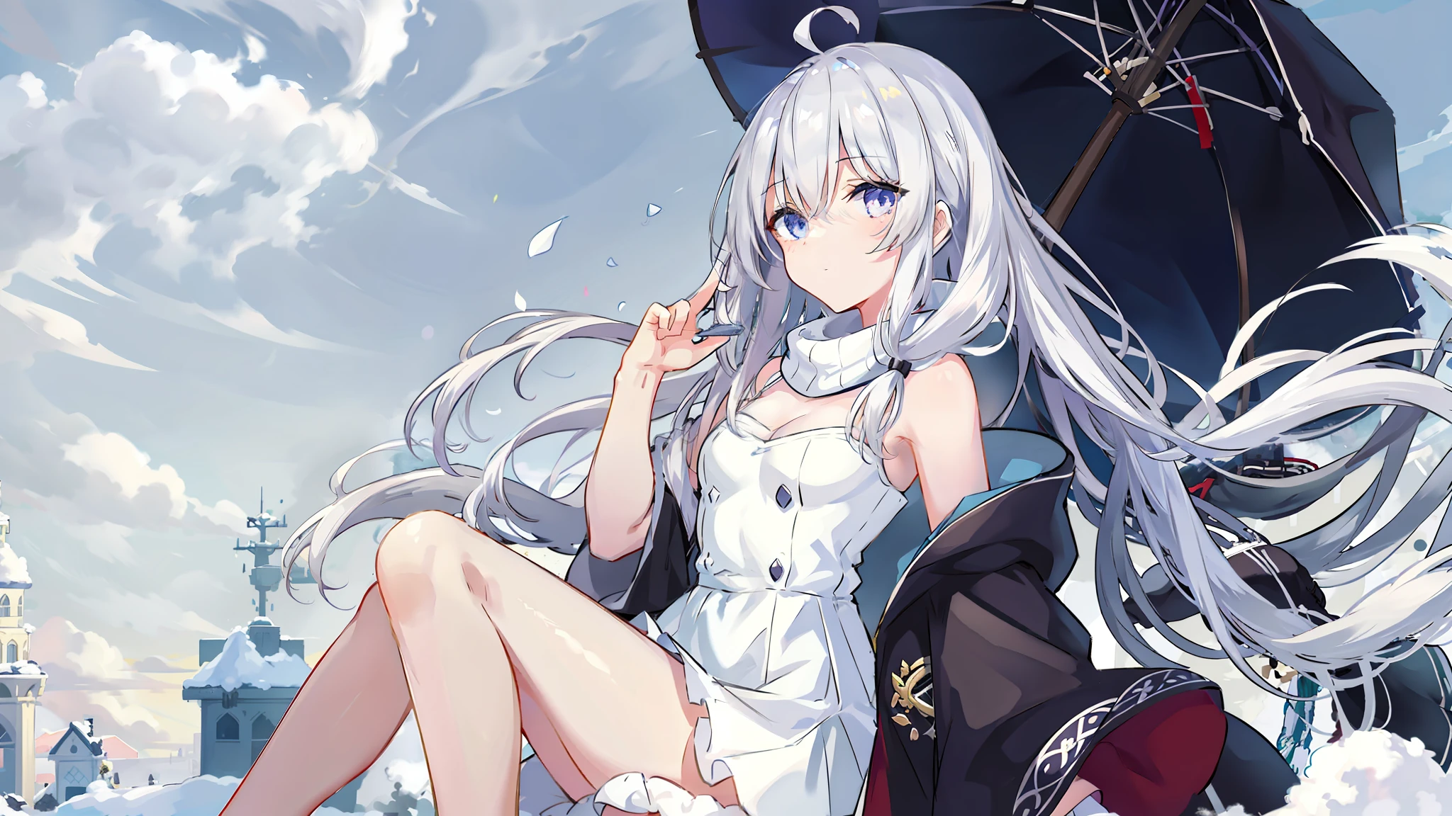 Anime girl sitting on snow，Snowman and umbrella in the background, splash art anime , from《azur lane》video game, azur lane style, from girls frontline, anime visual of a cute girl, 《azur lane》role, girls frontline style, top rated on pixiv, finelydetail. girls frontline, winter concept art, the anime girl is crouching