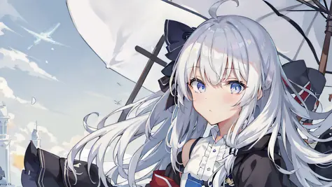 anime girl sitting on snow，snowman and umbrella in the background, splash art anime loli, from《azur lane》video game, azur lane s...