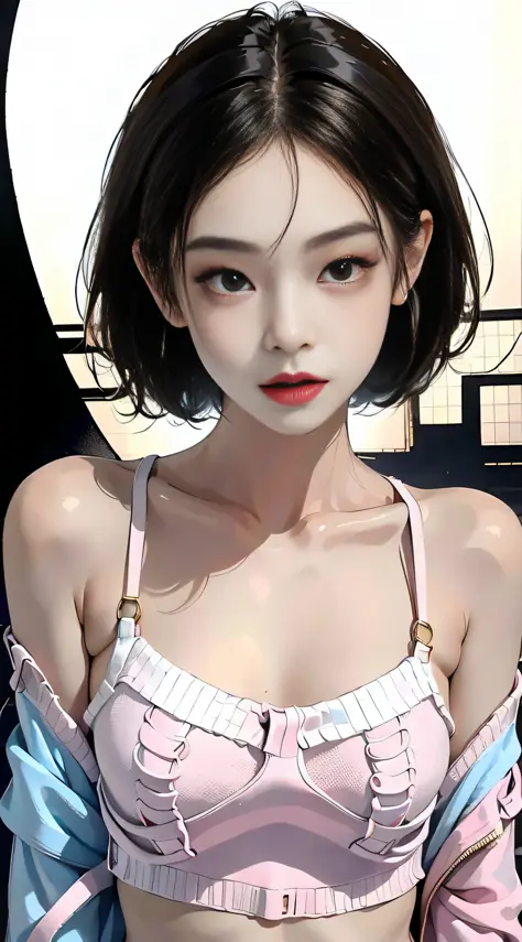 (1 girl one girl:1 girl.3 girls), solo,_Kim Ji-ni Jennie face，Wear a pink armband sweater，Short model，White bandeau inside，Pale ...