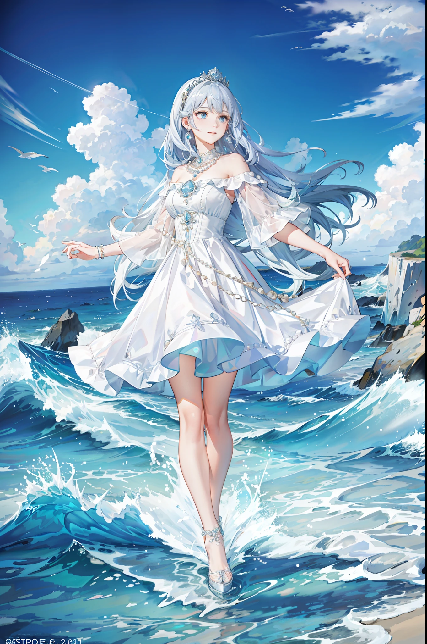 ((Best picture quality, best, girl), (dress, white crown, necklace, pearls, accessories AND intricate details strapless), (one person, ocean, waves, sea, fish, boat#on board), ((blue Color: 1.3, sea blue, long hair, blue eyes): 1.2), headgear: 1.2, neon mystery, fantasy: 0.8, [movie lens, strong light and shadow: 1.2, glow effect])]